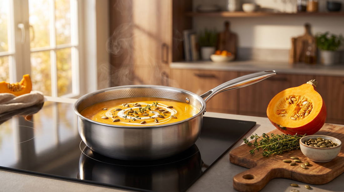 Romige pompoensoep in de titanium diepe stoofpan van Kitchen4You