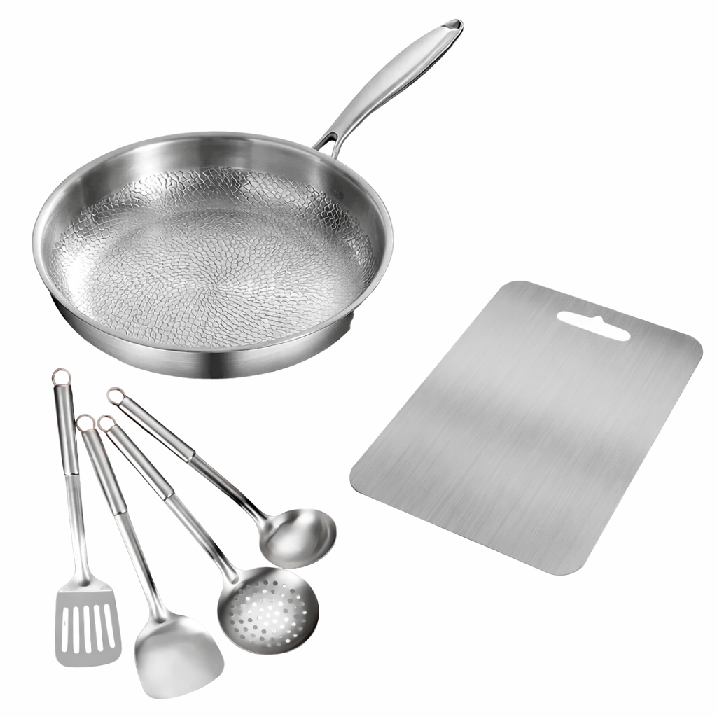 Titanium Gelaagde Koekenpan Set met Kookgerei en Snijplank | BPA - PFAS Vrij | Alle Warmtebronnen