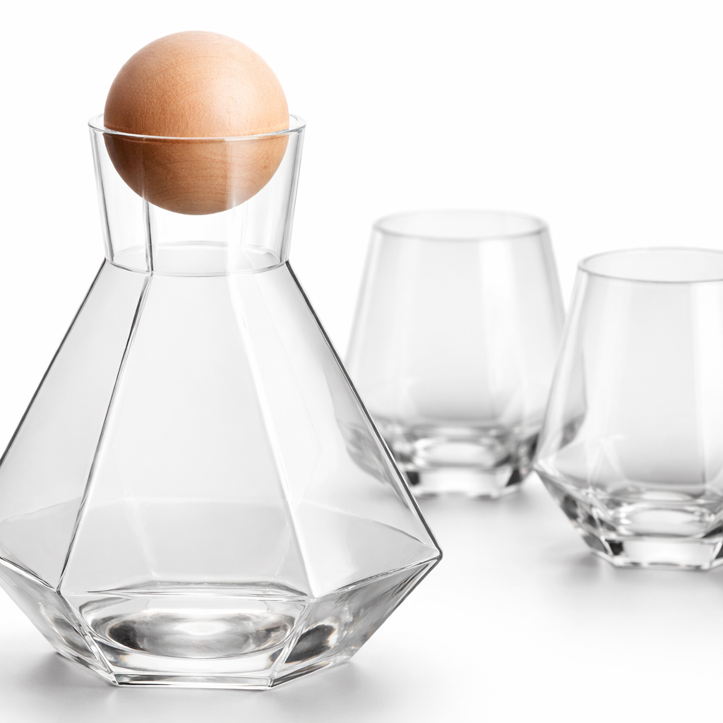 Set van 5 Diamantvormige Drinkglazen met Houten Stop