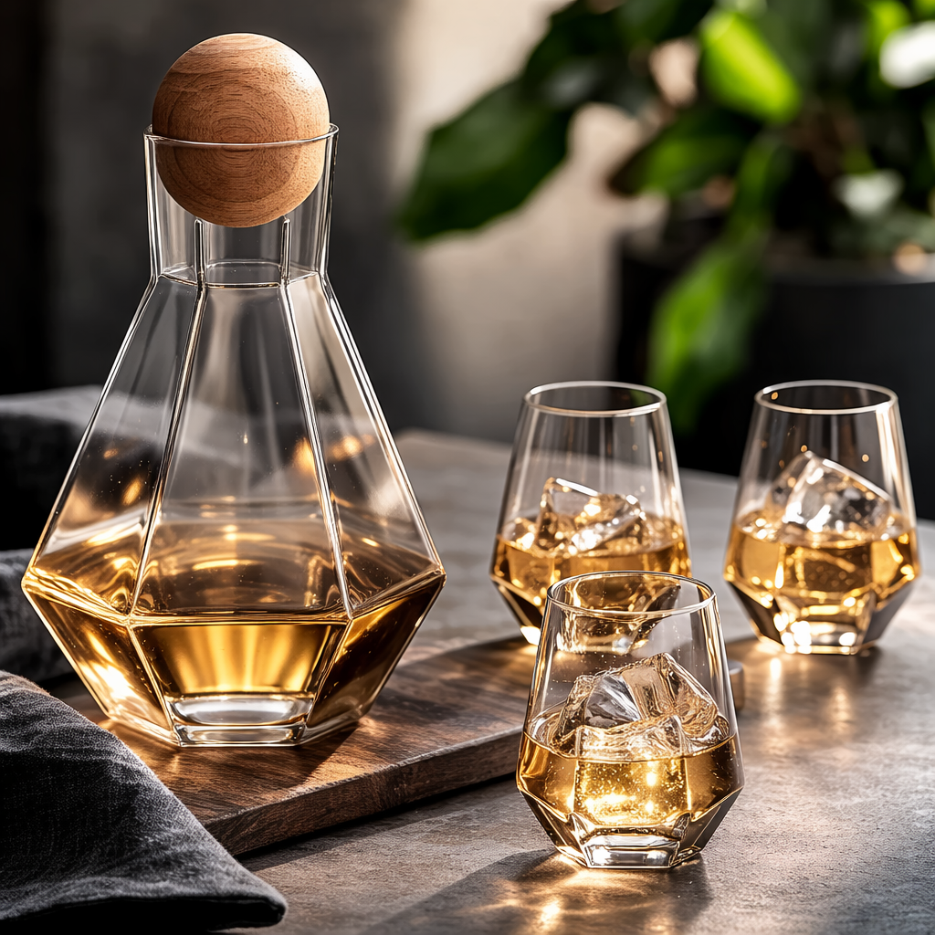 Set van 5 Diamantvormige Drinkglazen met Houten Stop