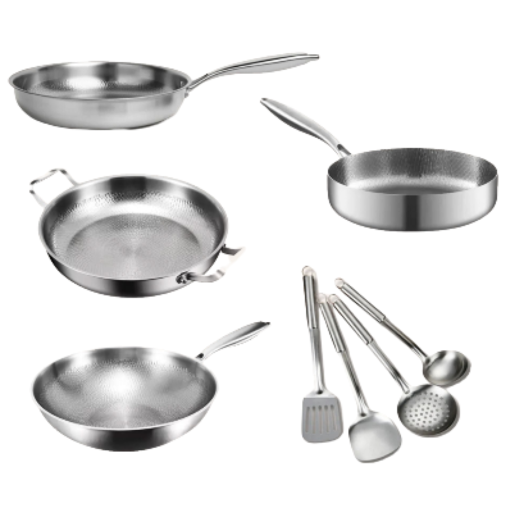 Titanium Gelaagde 5- delig Pannenset Inductie, Oven- & Vaatwasserbestendig  | BPA - PFAS Vrij | Alle Warmtebronnen