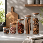 Glazen voorraadpotten met houten deksel – 5-delige set