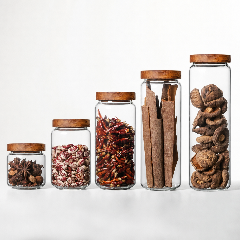 Glazen voorraadpotten met houten deksel – 5-delige set