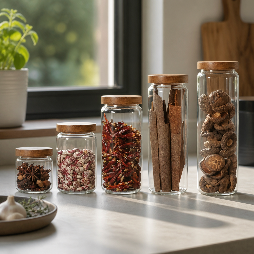 Glazen voorraadpotten met houten deksel – 5-delige set