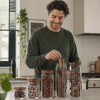 Glazen voorraadpotten met houten deksel – 5-delige set