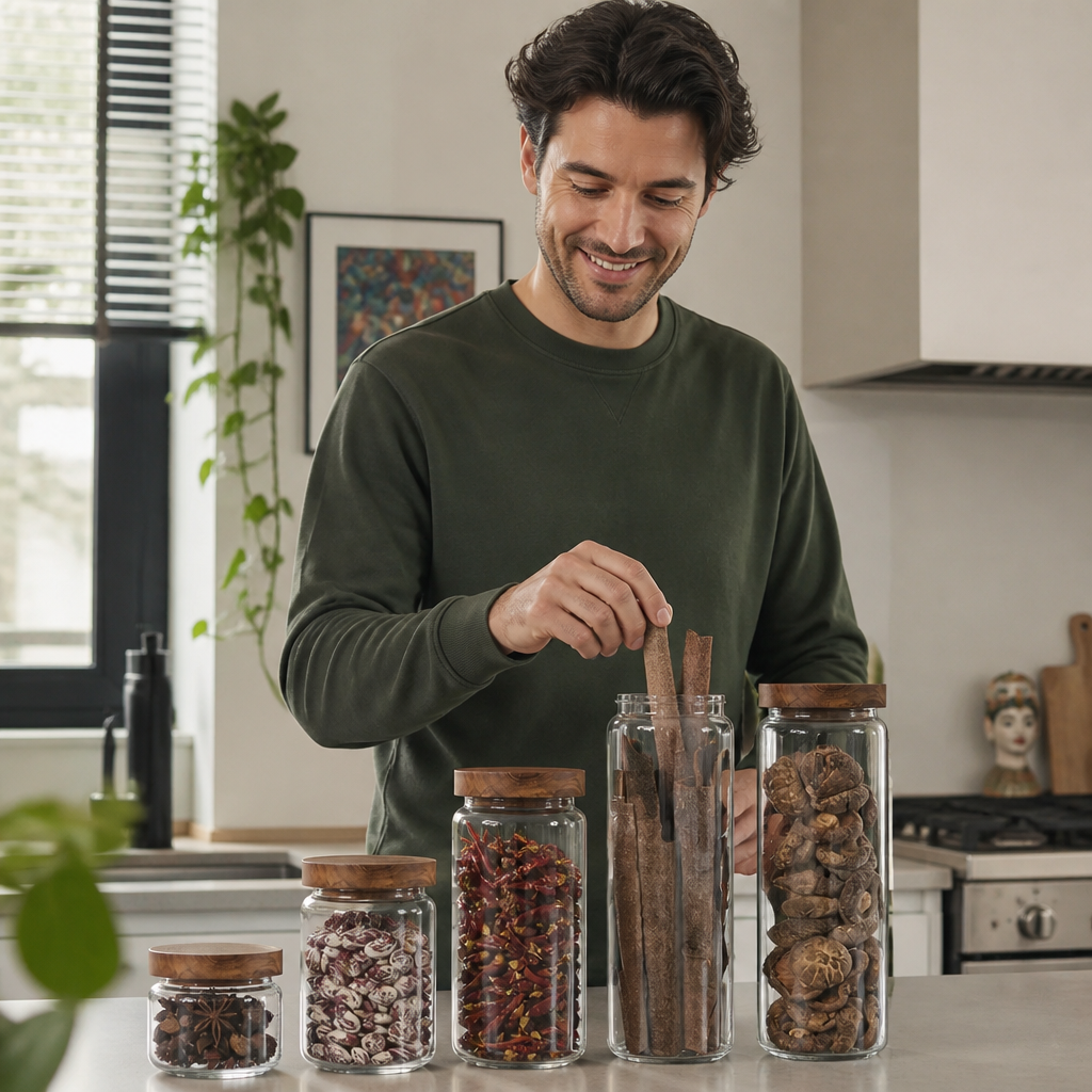 Glazen voorraadpotten met houten deksel – 5-delige set
