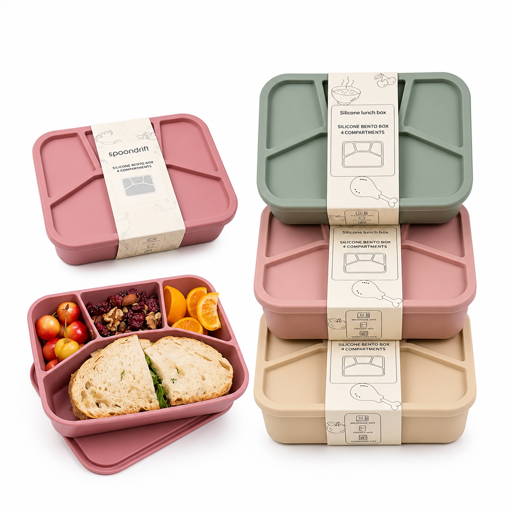 Siliconen lunchbox met 4 vakken – 3-delige set