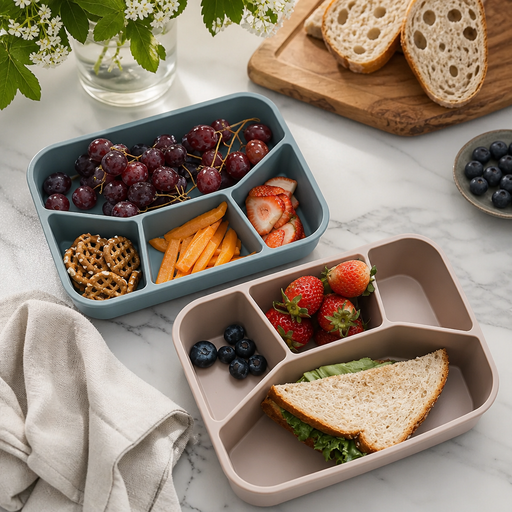 Siliconen lunchbox met 4 vakken – 3-delige set