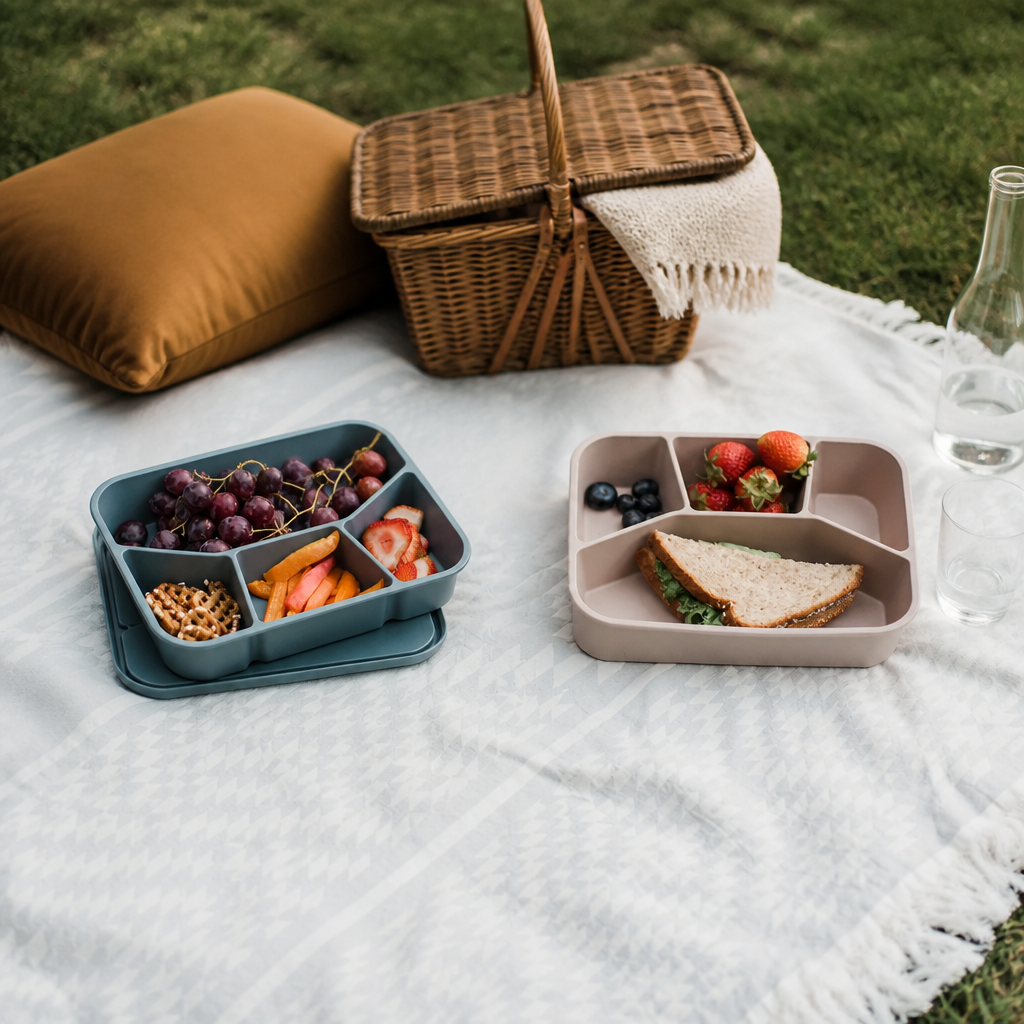 Siliconen lunchbox met 4 vakken – 3-delige set