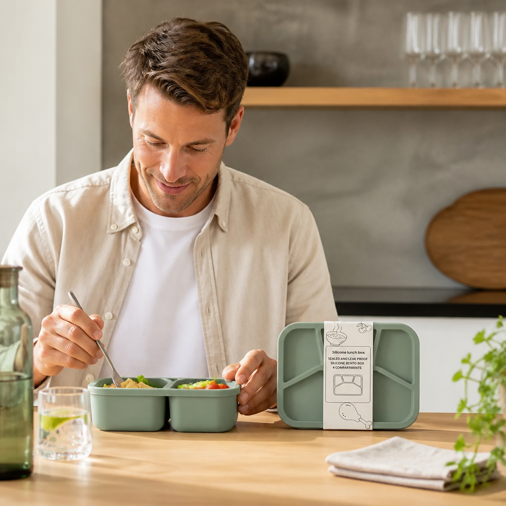Siliconen lunchbox met 4 vakken – 3-delige set