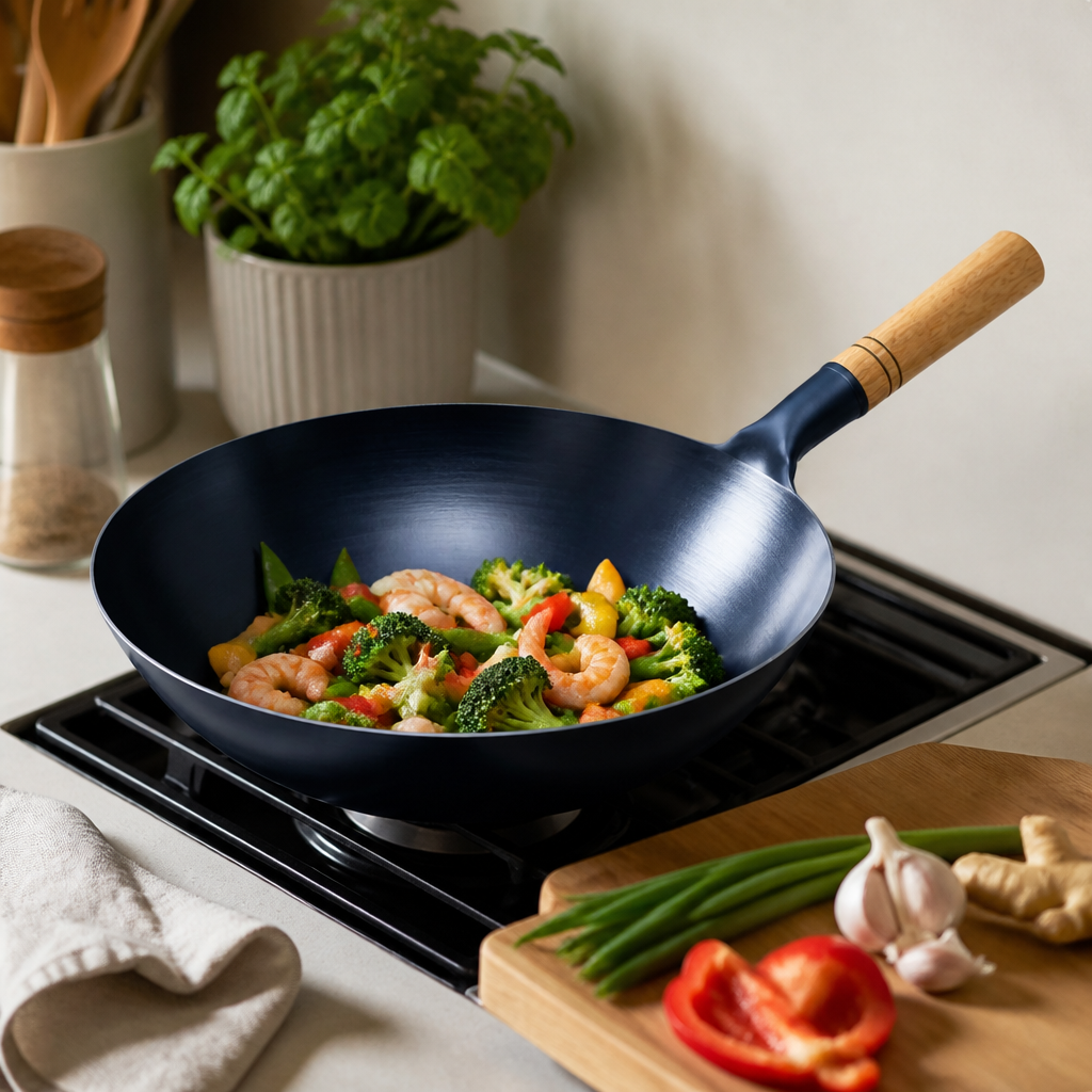 Kitchen4you | Gietijzeren Wokpan Houten Handvat