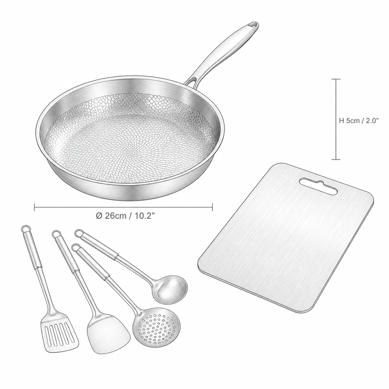 Titanium Gelaagde Koekenpan Set met Kookgerei en Snijplank | BPA - PFAS Vrij | Alle Warmtebronnen