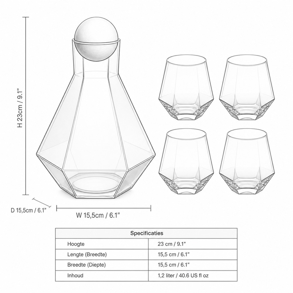 Set van 5 Diamantvormige Drinkglazen met Houten Stop