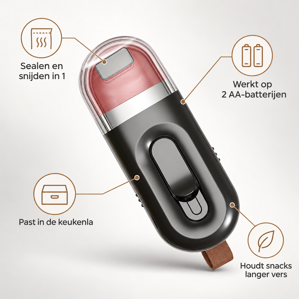 Kenmerken mini zakkensealer: sealen en snijden in 1, werkt op 2 AA-batterijen, past in de keukenla, houdt snacks langer vers