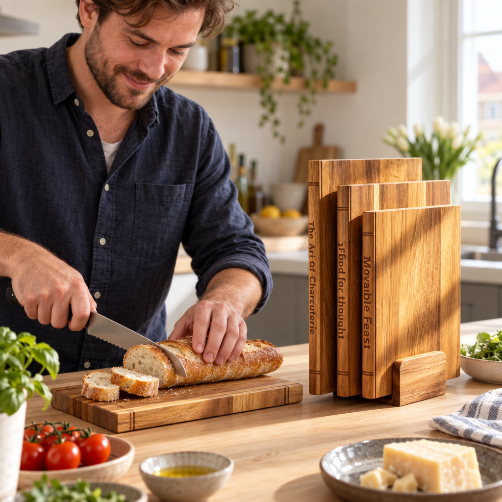 Brood snijden op een van de boekvormige snijplanken in de keuken
