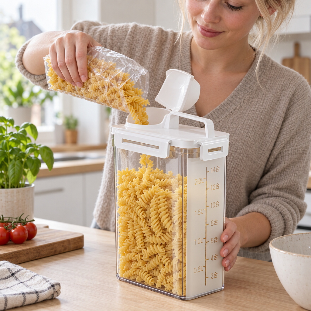 Voorraadcontainer wordt gevuld met pasta in de keuken