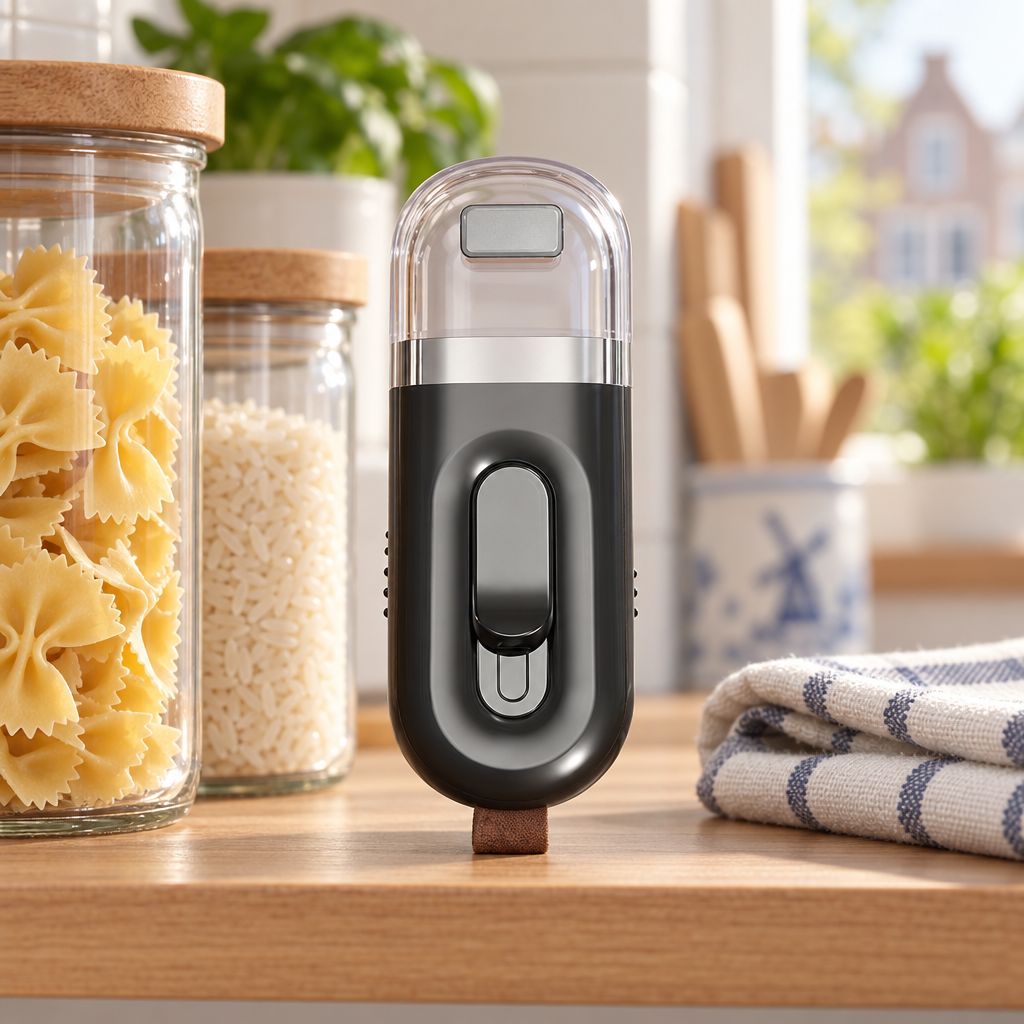 Mini zakkensealer op een keukenplank naast voorraadpotten