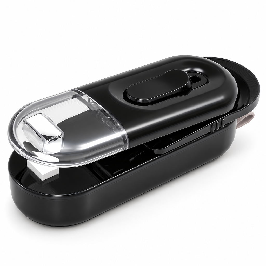 Mini zakkensealer 2-in-1 in zwart, studiofoto op witte achtergrond