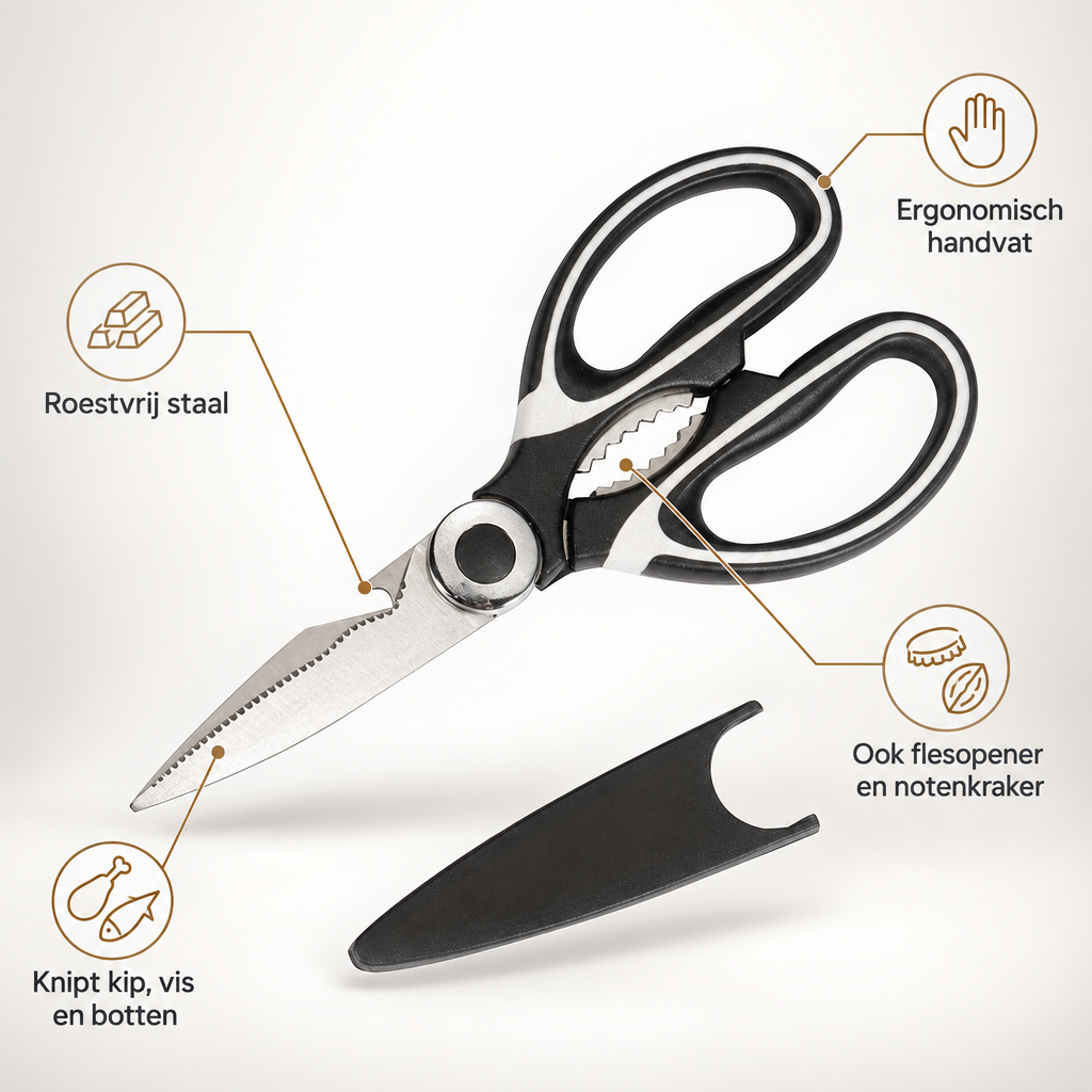 Kenmerken keukenschaar: roestvrij staal, knipt kip, vis en botten, ergonomisch handvat, ook flesopener en notenkraker