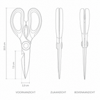 Technische tekening keukenschaar met maten in drie aanzichten
