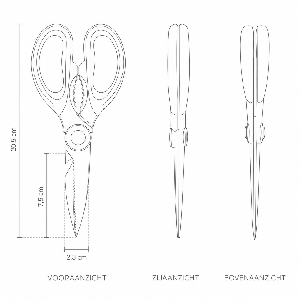 Technische tekening keukenschaar met maten in drie aanzichten