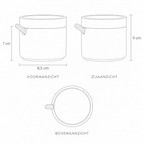 Technische tekening kruidenpot met maten in drie aanzichten