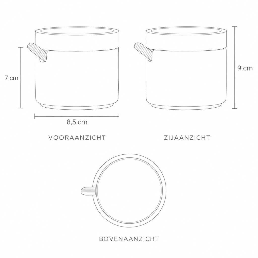 Technische tekening kruidenpot met maten in drie aanzichten