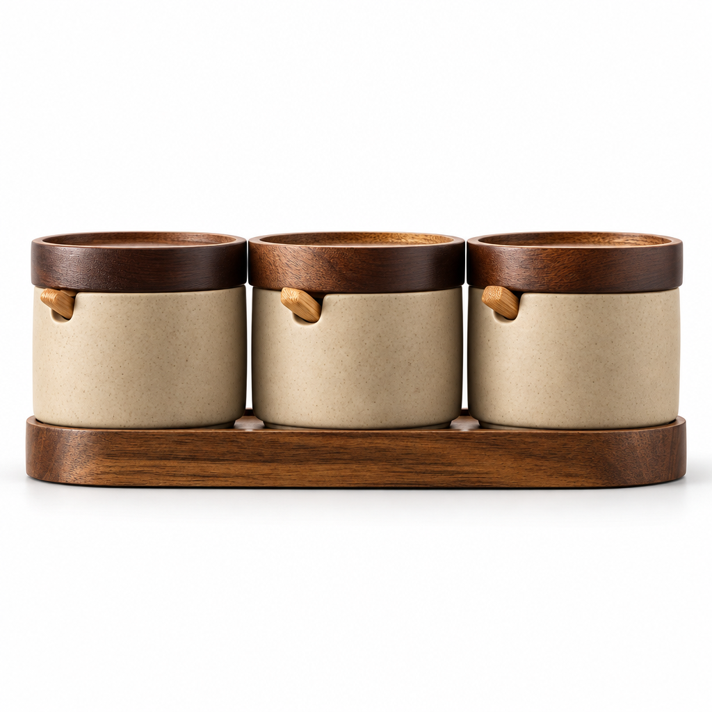 Set van 3 kruidenpotten op houten plateau, studiofoto