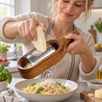 Parmezaan raspen over een bord pasta met de handrasp