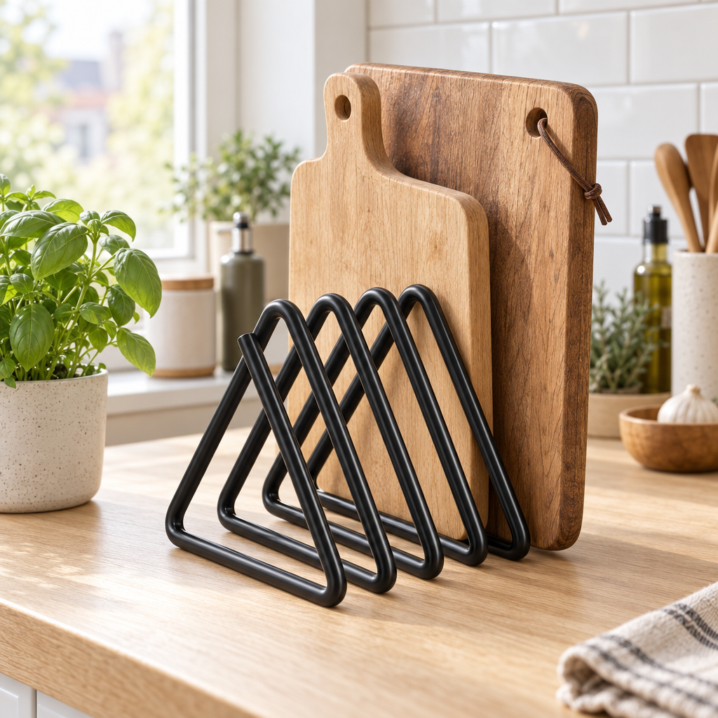 Snijplankrek met twee houten snijplanken op het aanrecht