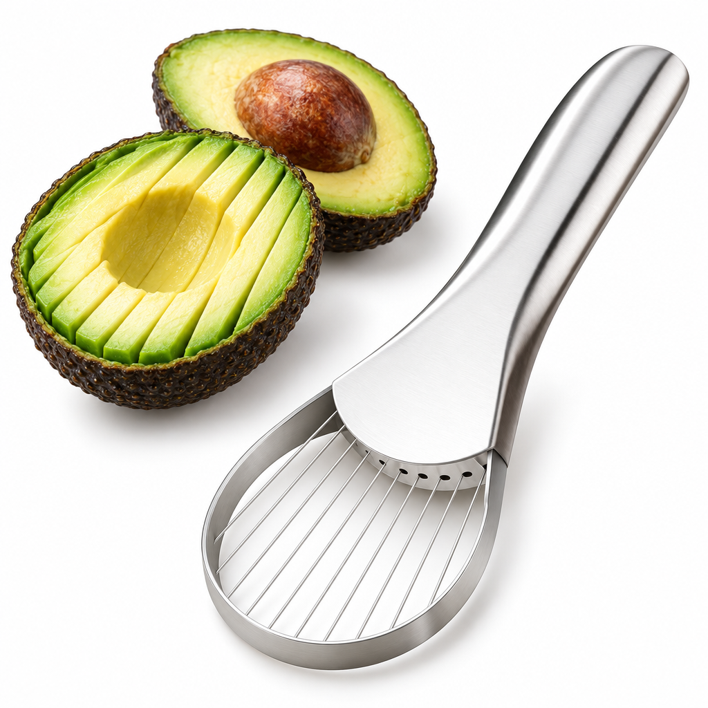 Avocadosnijder naast een gehalveerde en gesneden avocado, studiofoto