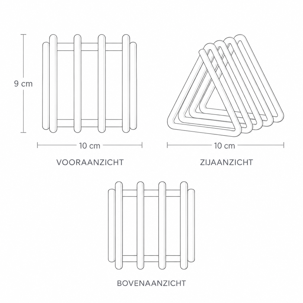Technische tekening snijplankrek met maten in drie aanzichten