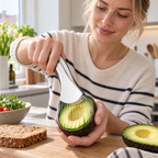 Avocado in plakken snijden met de avocadosnijder in de keuken
