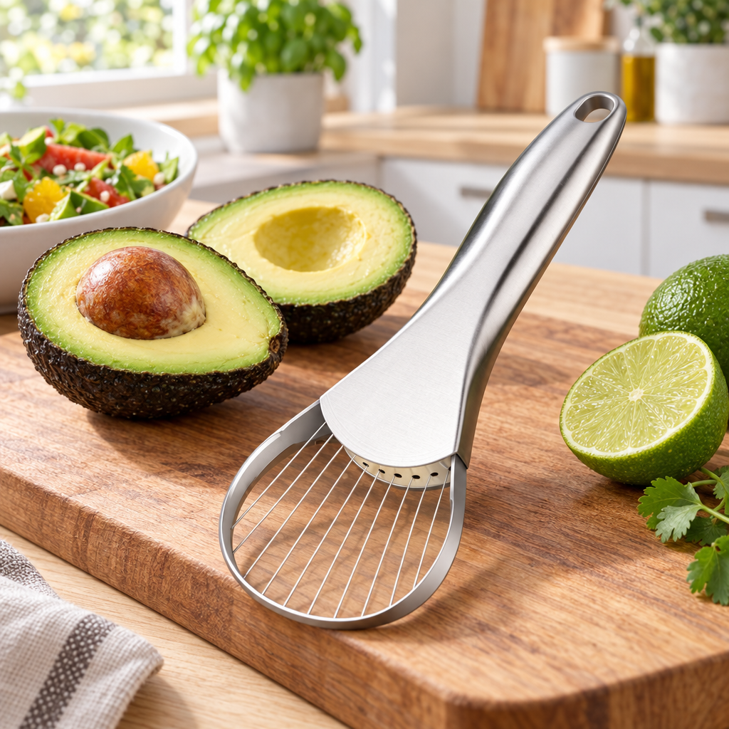 Avocadosnijder op een snijplank naast gehalveerde avocado's en een limoen