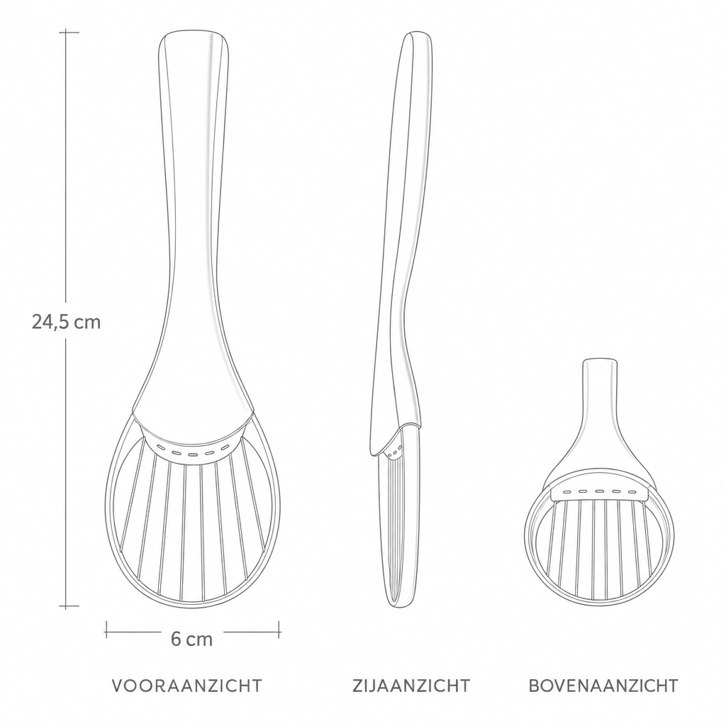 Technische tekening avocadosnijder met maten in drie aanzichten