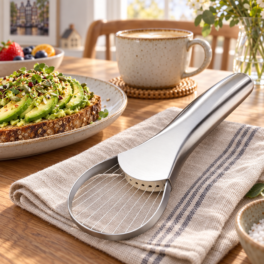Avocadosnijder op de ontbijttafel naast avocadotoast