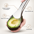 Kenmerken avocadosnijder: snijden, ontpitten en scheppen, roestvrijstalen mes, veilig voor je vingers, voedselveilig