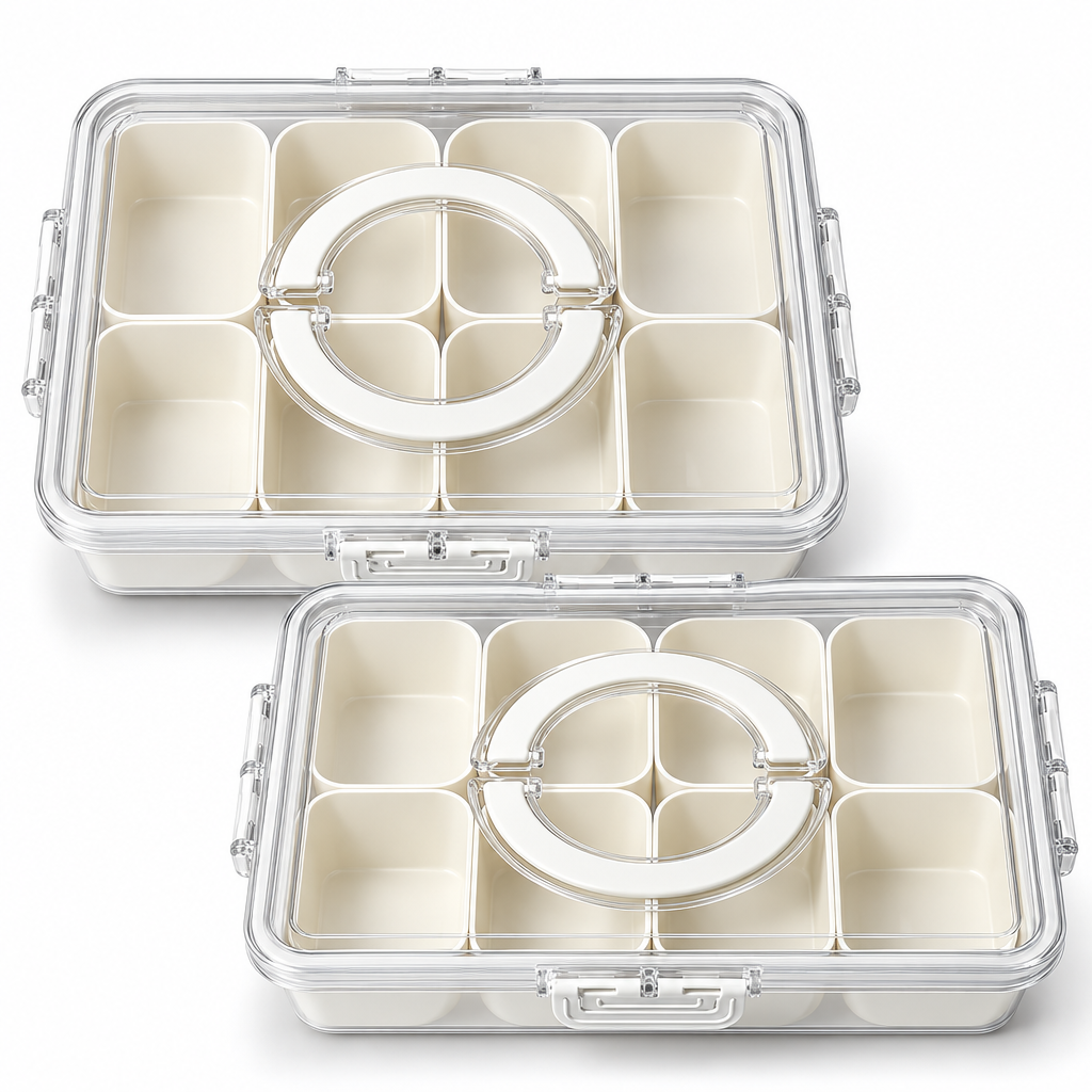 Set van 2 snackcontainers met 8 vakken, studiofoto