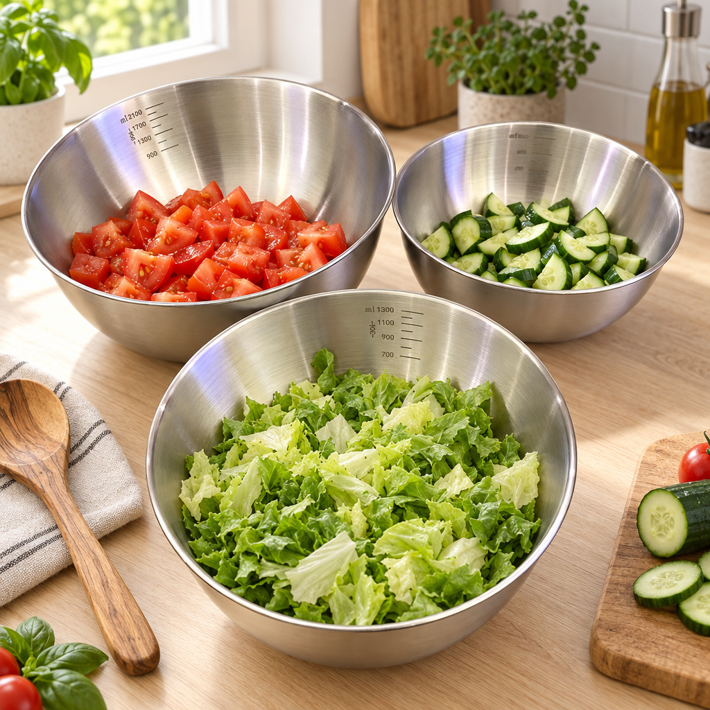 De drie mengkommen gevuld met salade-ingredienten op het aanrecht