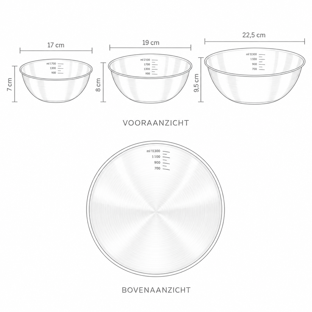 Technische tekening mengkommenset met maten per kom