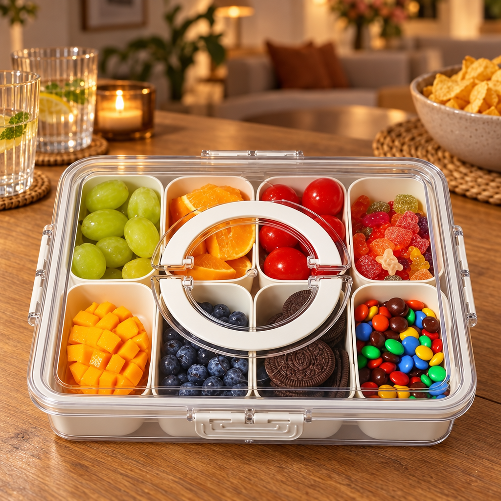 Gesloten snackcontainer met snacks op de eettafel