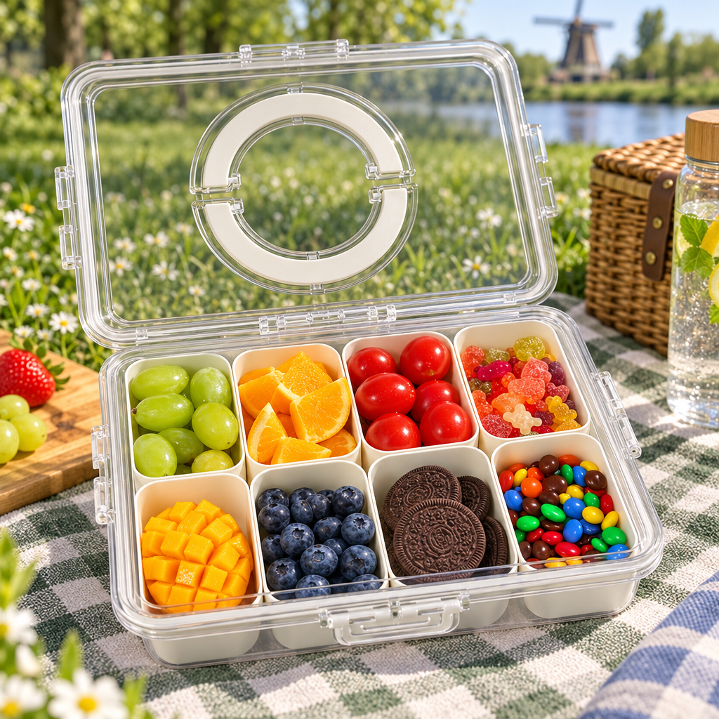 Gevulde snackcontainer op een picknickkleed in het park