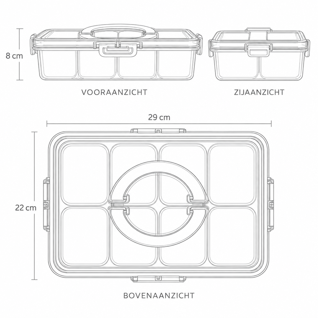 Technische tekening snackcontainer met 8 vakken met maten in drie aanzichten