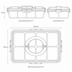 Technische tekening snackcontainer met 8 vakken met maten in drie aanzichten