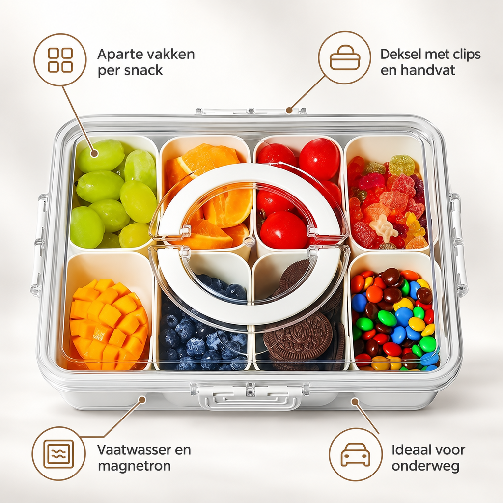 Kenmerken snackcontainer: aparte vakken per snack, deksel met clips en handvat, vaatwasser en magnetron, ideaal voor onderweg
