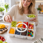 Snackcontainer wordt gevuld met fruit en snacks in de keuken