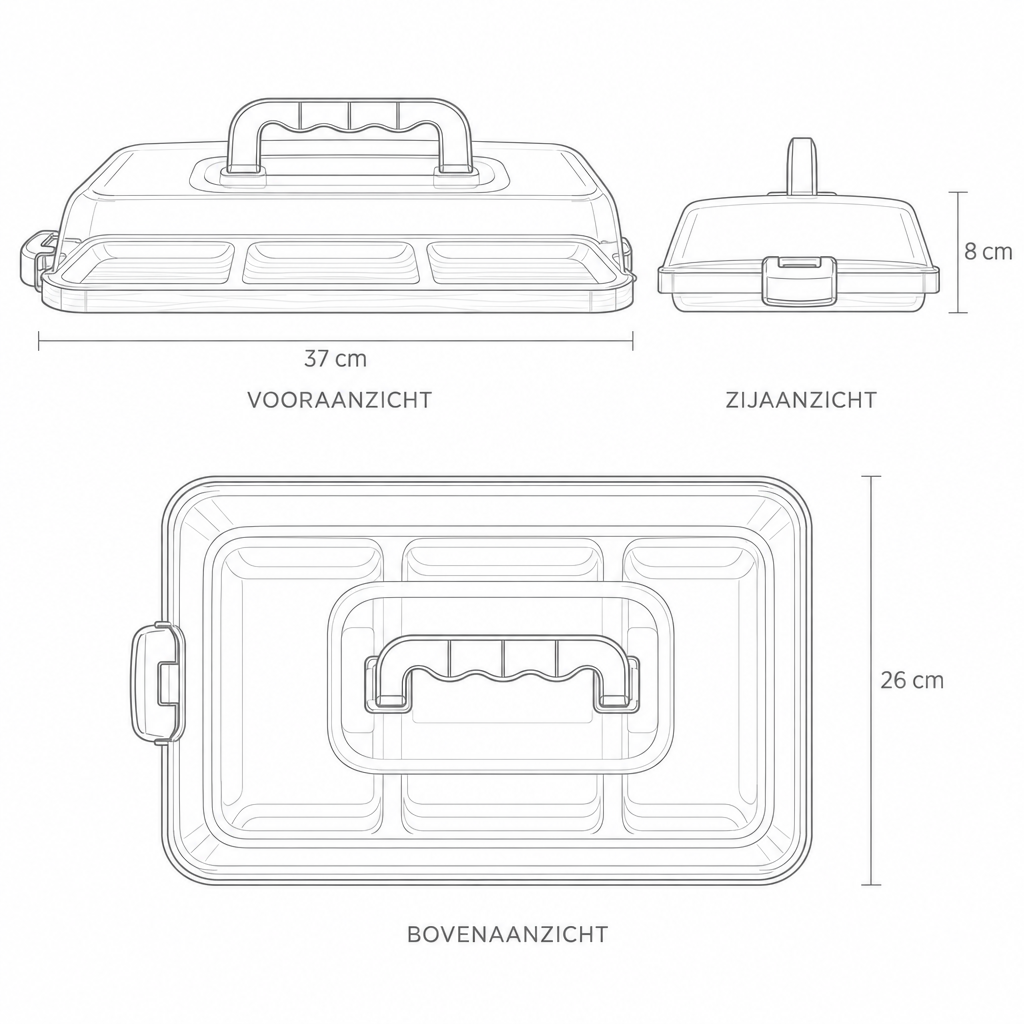 Technische tekening serveerplank met deksel met maten in drie aanzichten