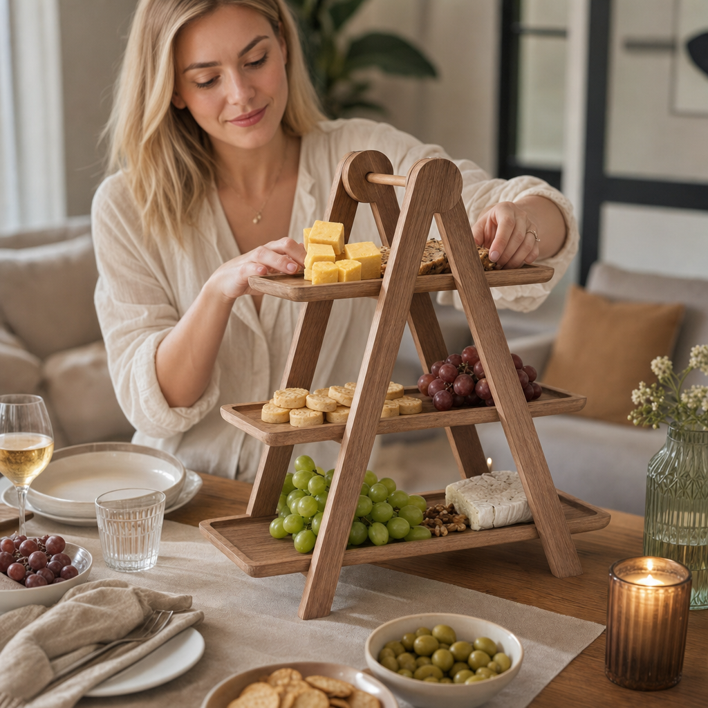 Kaas, druiven en crackers op de etagère leggen aan een gedekte tafel