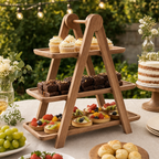 Etagère met gebak op een desserttafel in de tuin