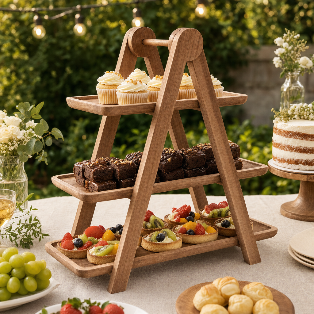 Etagère met gebak op een desserttafel in de tuin